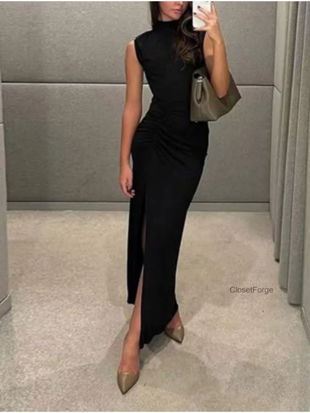 Women's Mock Neck Ruched Bodycon Maxi Dress Side Slit Sleeveless Formal Evening